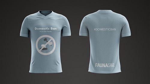 Mockup of the front and back of a dull blue campaign T-shirt, with the front featuring the campaign name, tagline, and an illustration of the ivory elephant auction-themed metaphor inside a no symbol, and the back showing the campaign hashtag and sponsor.