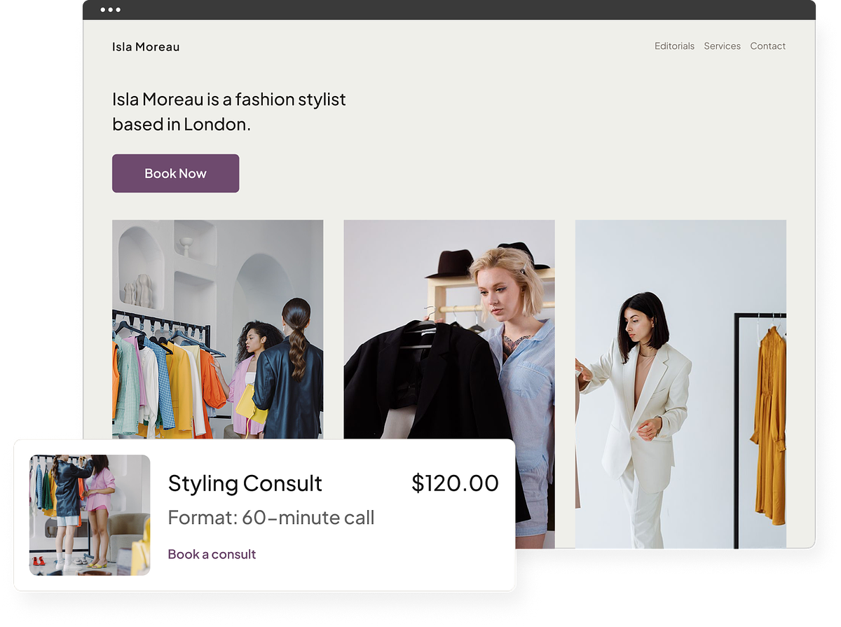 A Pixpa fashion portfolio with a built-in store and client galleries