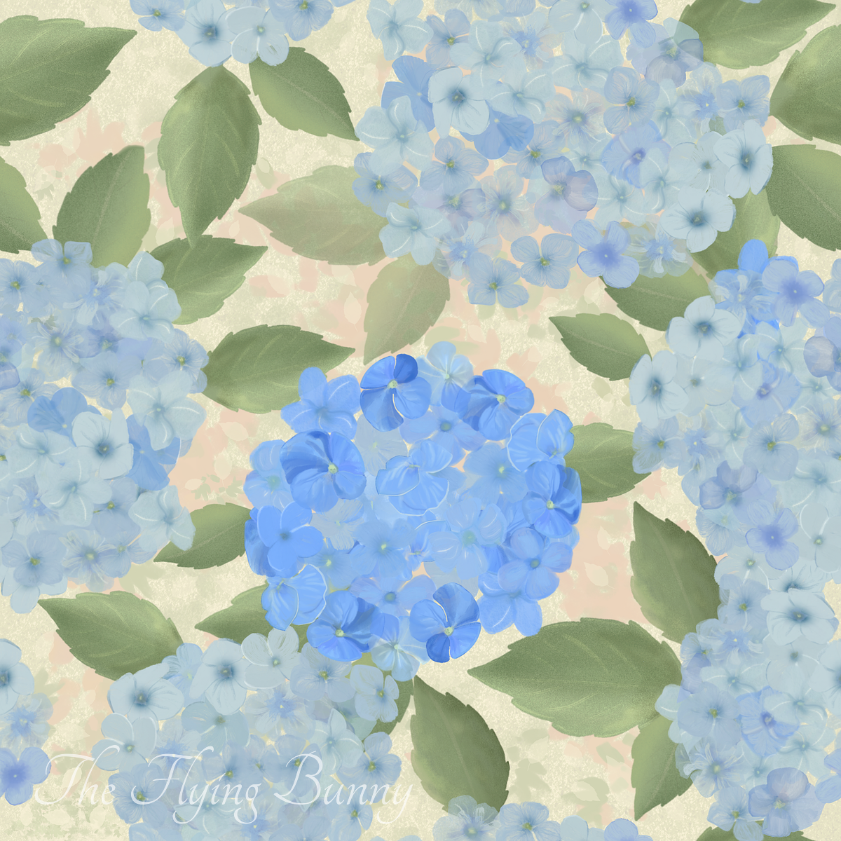 Soft blue hydrangea repeating pattern with sage green leaves on a light cream background.