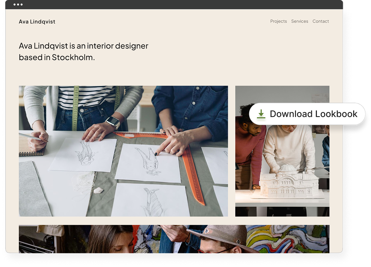 An interior design portfolio with client galleries and a store