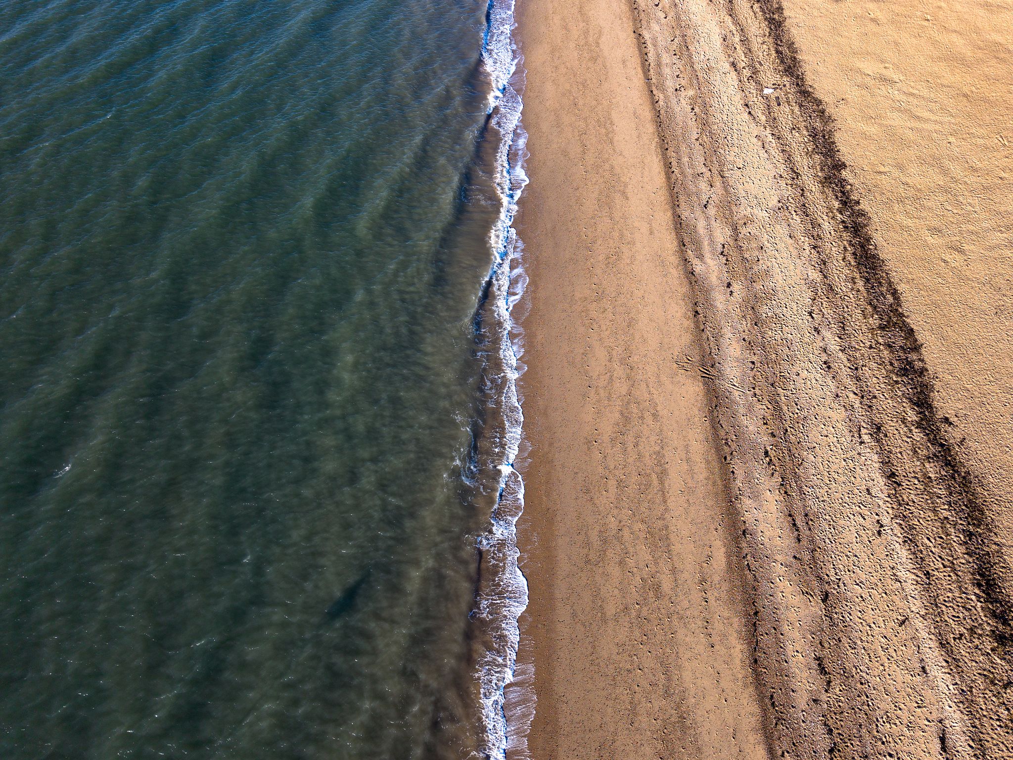 Aerial drone photograph of gentle waves meeting a quiet sandy shoreline in soft natural light.