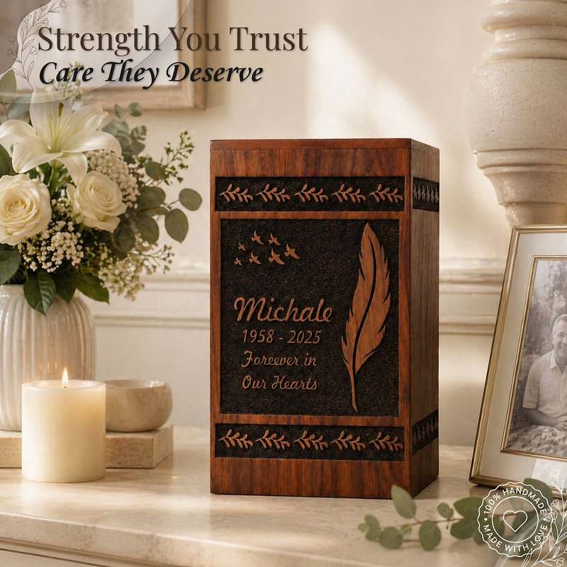 Engraved Feather Wooden Urn Box