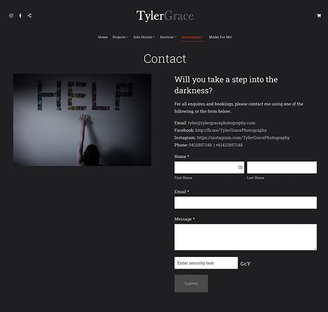 Pagina dei contatti del fotografo di belle arti Tyler Grace