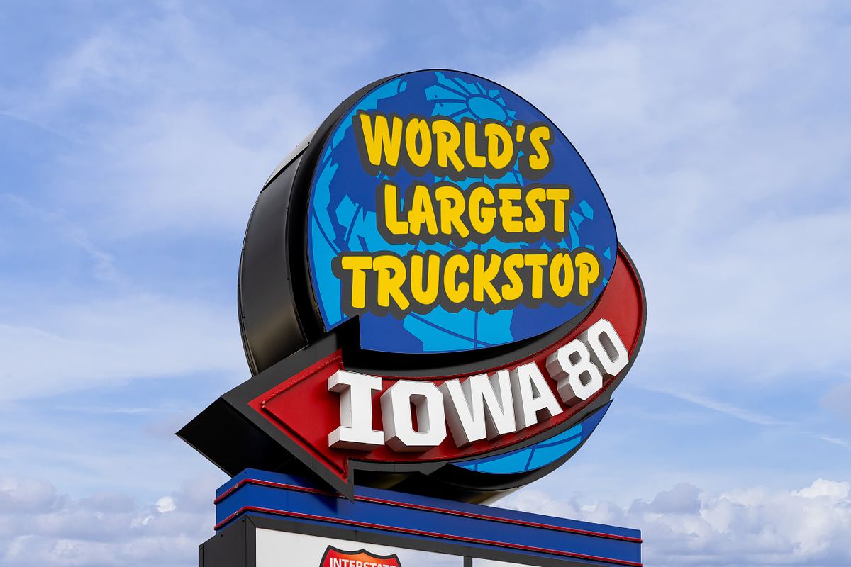 Walcott, IA, USA - October 28, 2025: Iowa 80 - The World's Largest Truckstop is a 220 acre rest stop offering, gas, restaurants, snacks, oil changes, dentist, chiropractor, and more.