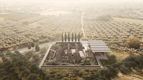 aerial view of the ruins and the pavilion