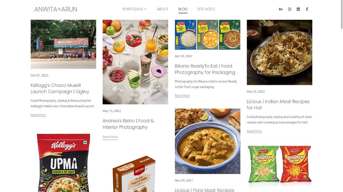 Four-column masonry blog design on Anwita and Arun's food photography site