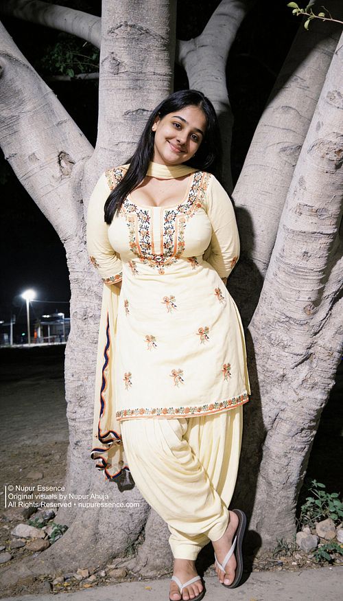 Candid fashion portrait of Nupur Ahuja beside a tree during a night photoshoot.
