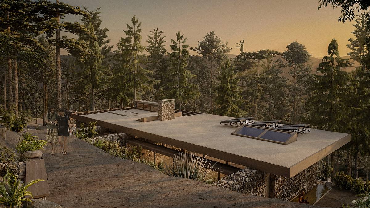 render arquitectura refugio yoga bosque Portugal dise&ntilde;o sostenible