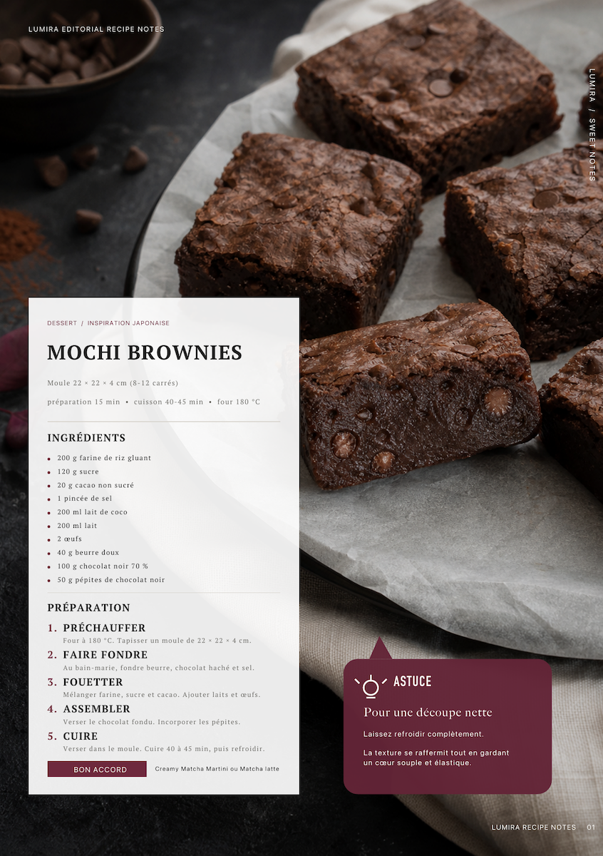 Rich chocolate mochi brownies served with a creamy matcha latte on a cosy autumn evening.