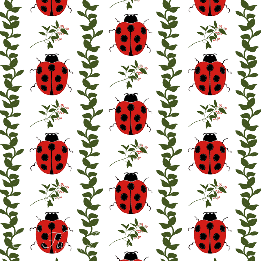 Bright red ladybugs with black spots arranged between leafy green vines and delicate floral sprigs on a crisp white background in a repeating nursery pattern.