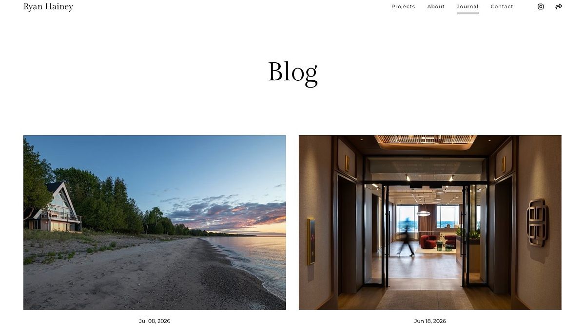 Ryan Hainey's minimalist blog design, a two-column grid with date-only metadata