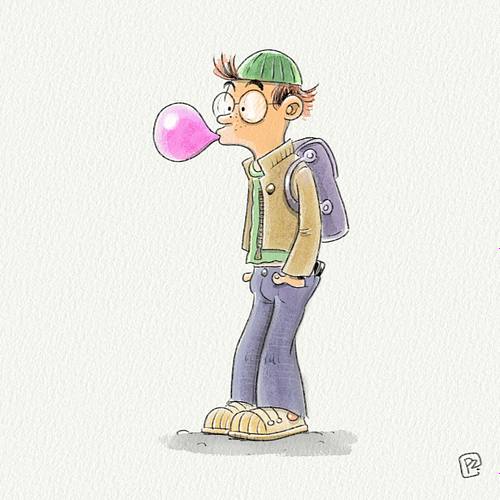Illustratie in aquarelle van schooljongen die een grote roze kauwgum ballon blaast.