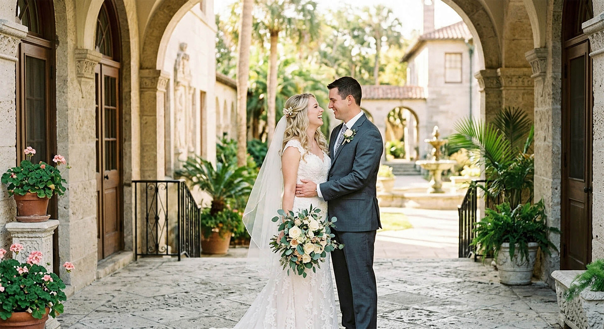 A bride and groom sharing a laugh in the open shade of a historic St. Augustine estate's coquina stone courtyard.