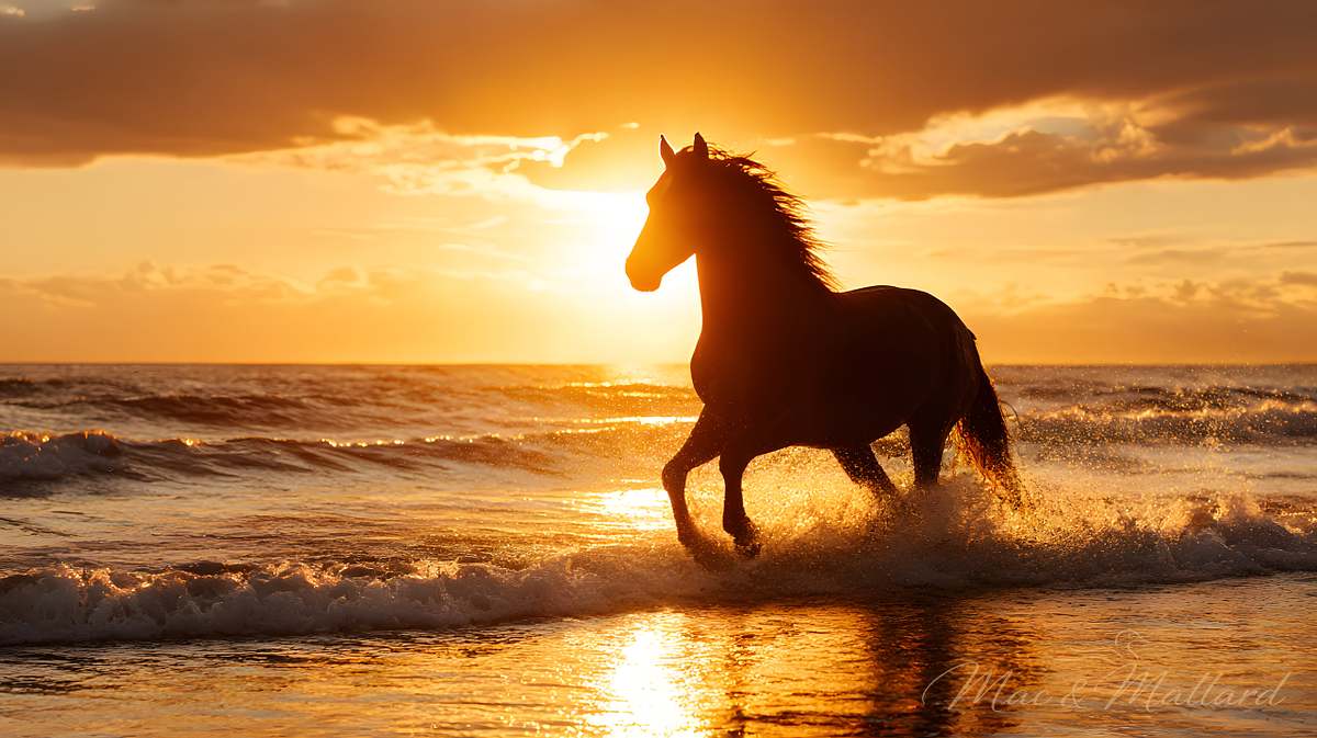 Majestic horse galloping on the beach at golden sunset - premium aluminum metal print wall art by Mac & Mallard