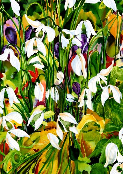 ibrant watercolour poster print featuring delicate white snowdrop flowers nestled in green woodland foliage with rich contrasting tones.