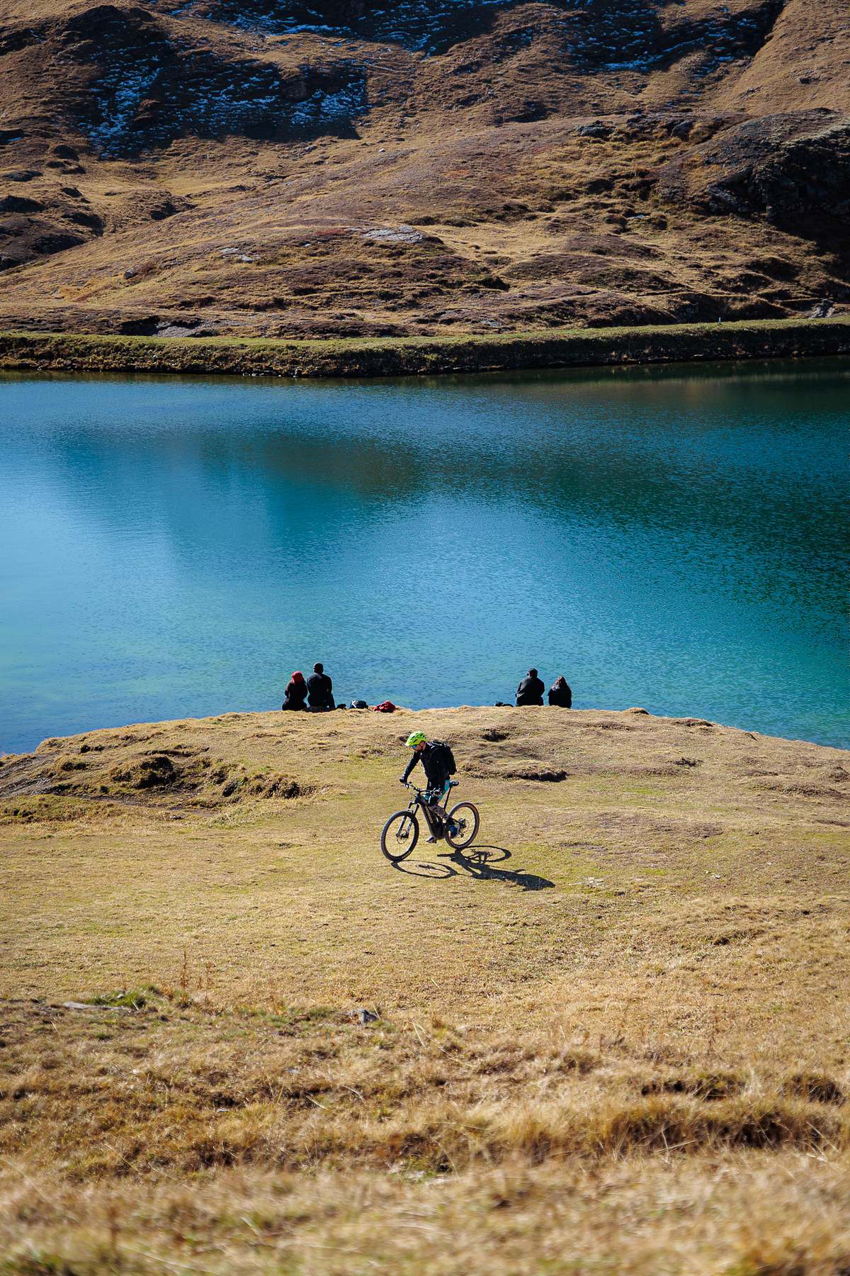 Mountainbiker mit hellgr&uuml;nem Helm f&auml;hrt &uuml;ber goldbraune Alpwiese am Ufer des t&uuml;rkisblauen Bachalpsees, vier Wanderer rasten auf einer Landzunge mit Blick auf die felsige Bergflanke