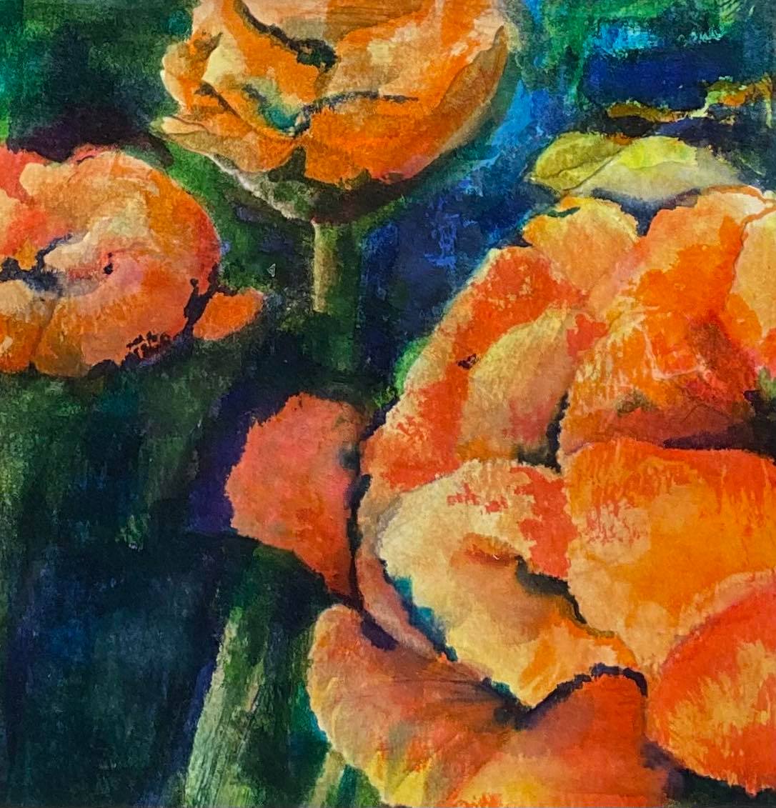 mini floral art, orange trolius art, orange trolius painting, trolius painting, trolius art, trolius mini painting, trolius mini art, moody floral art, moody floral painting, orange flower art, orange flower painting, orange on blue art, orange blue painting, orange, navy floral, orange navy flower painting, orange navy florals