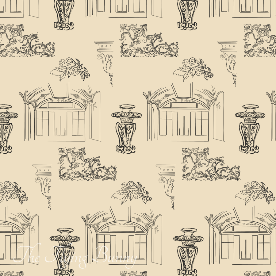 Roman architectural line drawing repeating pattern with classical arches, pedestals, columns, and ornamental details on a warm cream background.