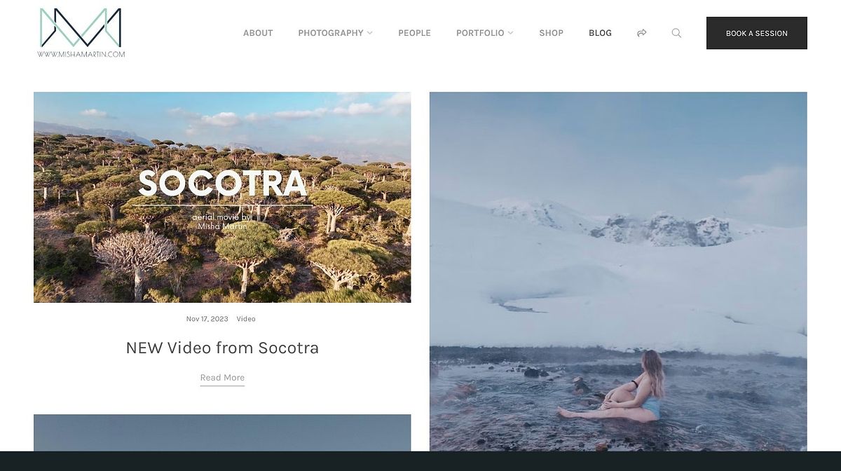 Misha Martin's travel blog design with video thumbnails and visible category tags