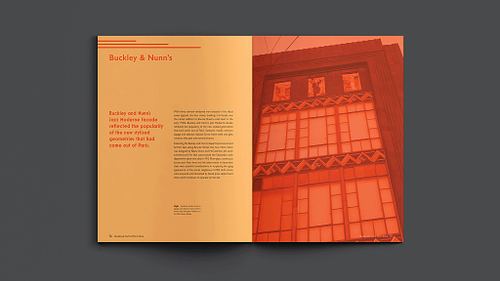 Double-page spread of the publication showing written content and a pull quote about Buckley & Nunn&rsquo;s Men&rsquo;s Store on a yellow background on the left page, and a monochromatic orange full-bleed photograph of the building on the right.