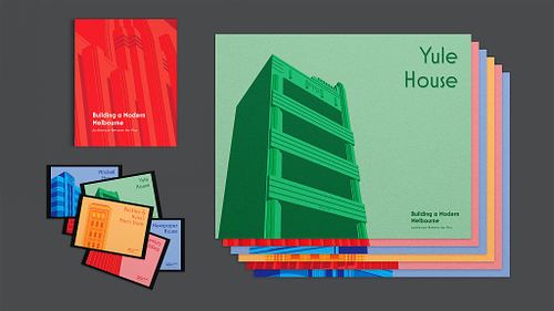Layout presenting the publication bundle, including a custom-size perfect-bound publication, a stack of six retro-inspired posters, and a pile of six matching postcards.