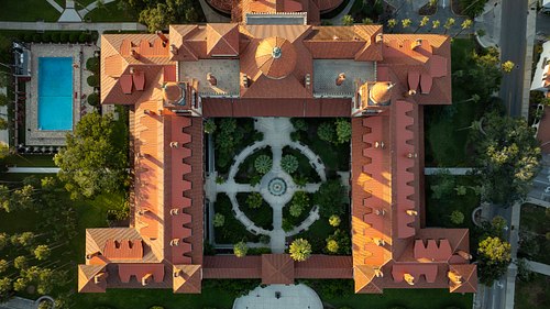 Bird's-eye view of the historic Ponce de Leon Hall courtyard at sunset, Flagler College, St. Augustine.