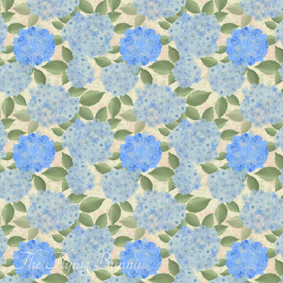 Seamless pattern of blue and periwinkle hydrangea blooms with sage green leaves on a soft cream background.
