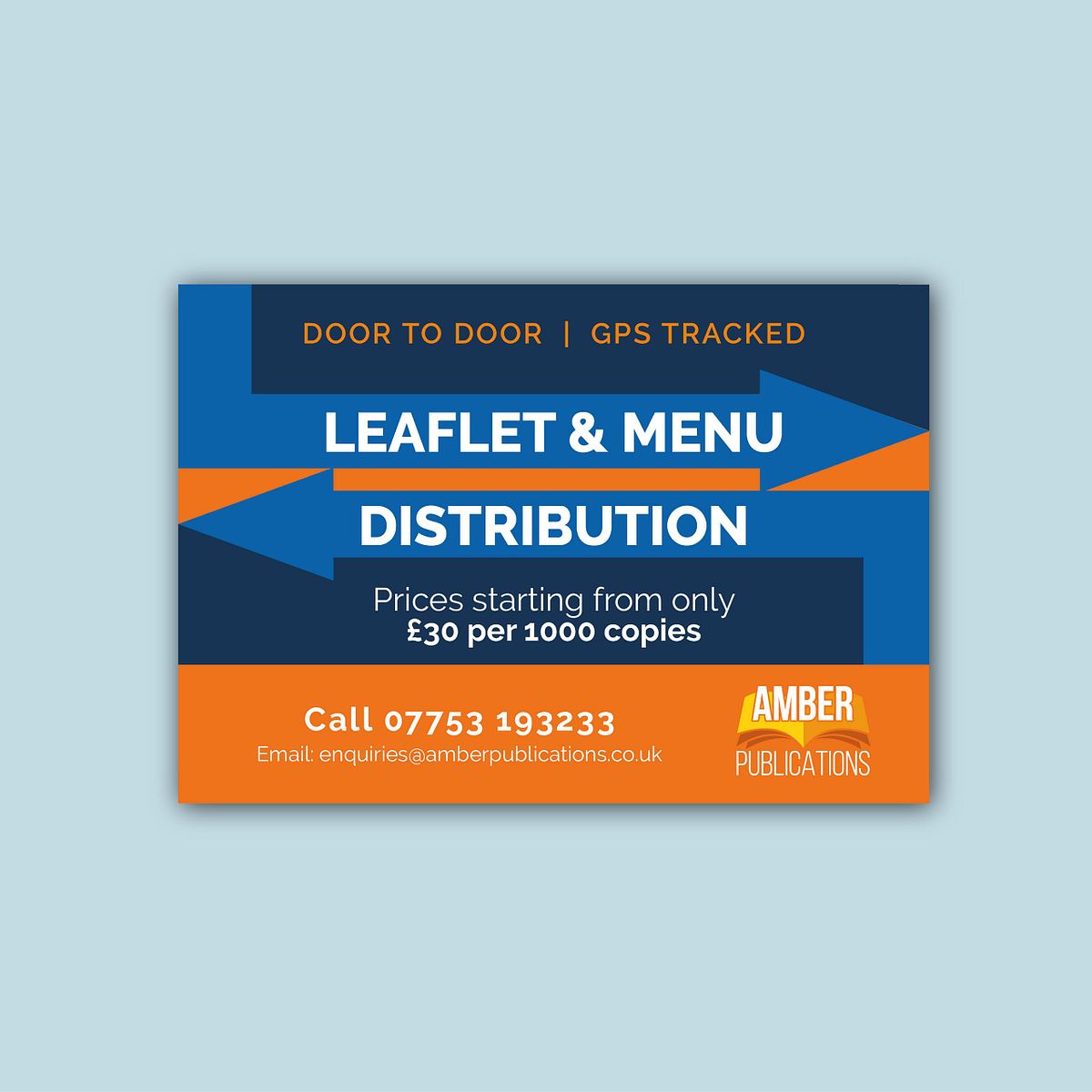 blue, navy and orange advert with abstract arrows for leaflet distribution