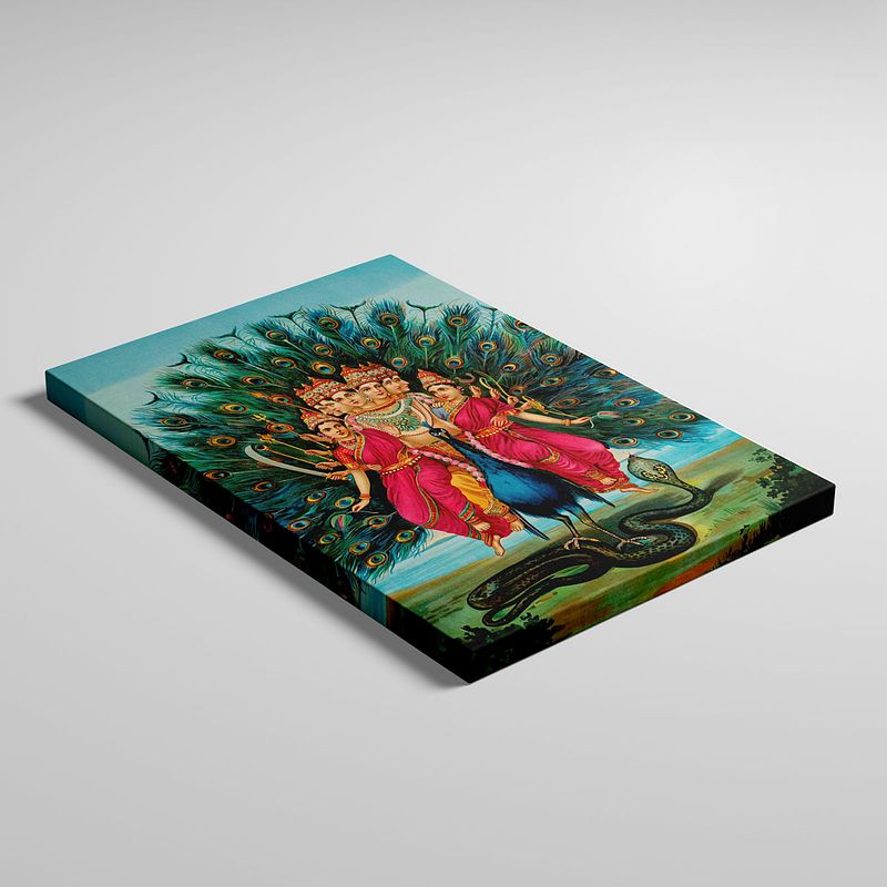 Lord Murugan – Shanmukha Subramanya Swami on Peacock with Valli & Devasena by Raja Ravi Verma