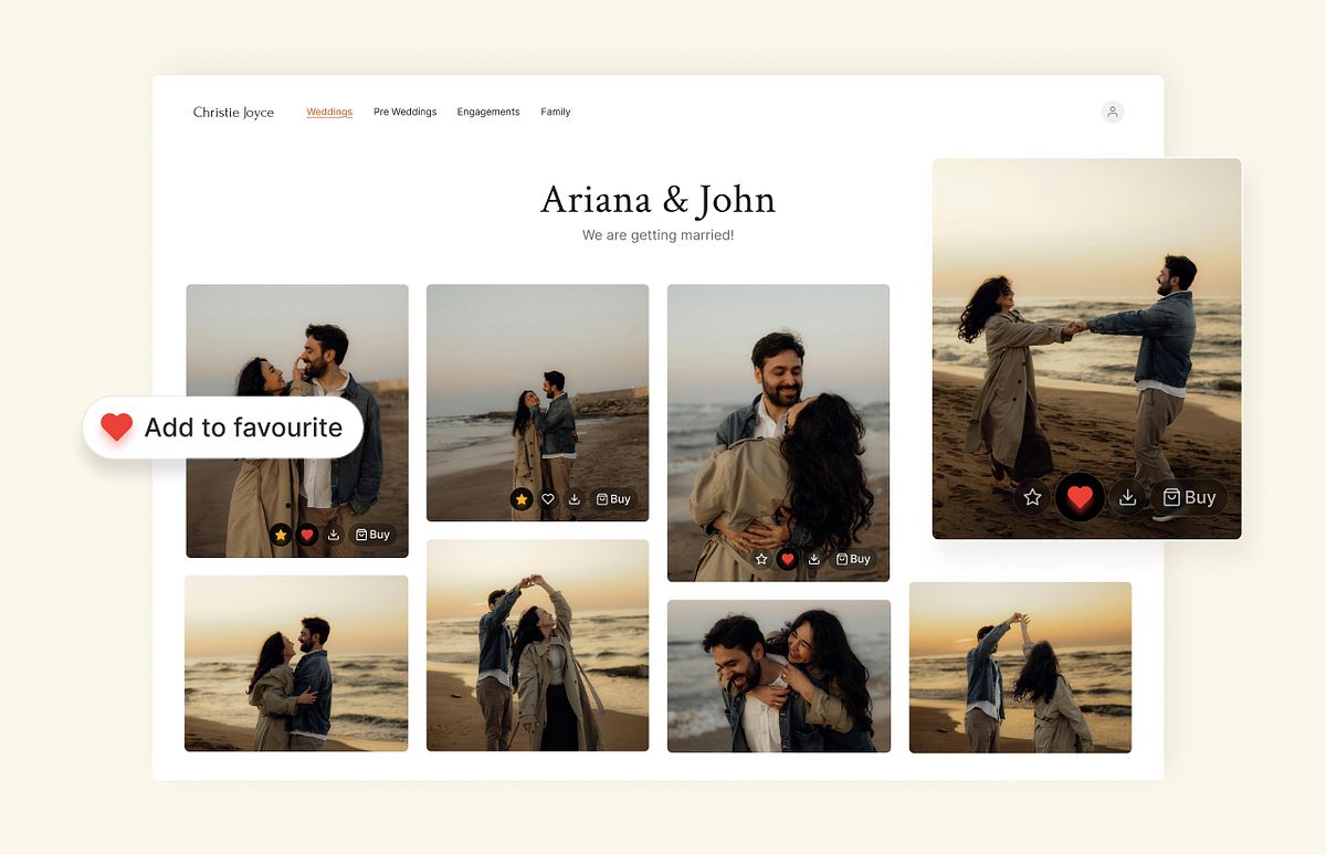Client gallery view with a client favouriting and rating images