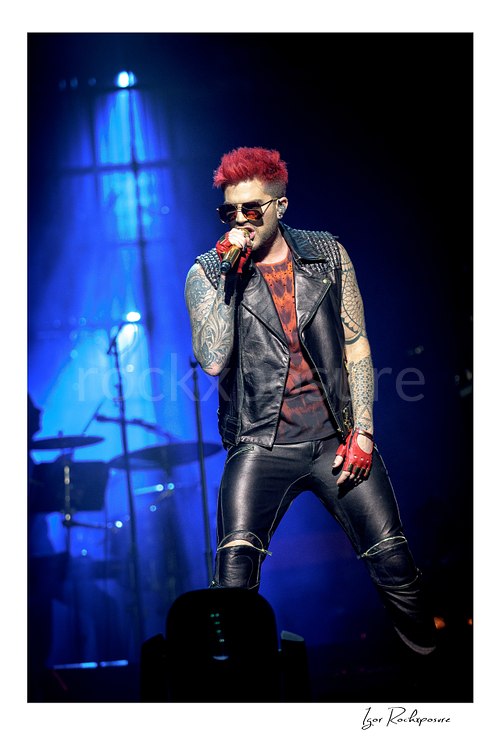 Vertical color image of Adam Lambert of Queen singing into a microphone onstage in sunglasses under blue concert light