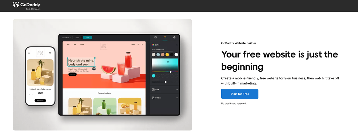 Página de inicio de GoDaddy Website Builder que muestra el paquete todo en uno de sitio web, alojamiento y dominio.