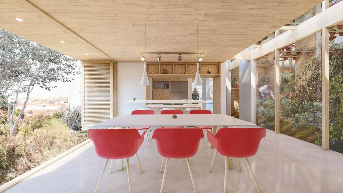 render interior casa ecol&oacute;gica paja luz natural arquitectura interior sostenible