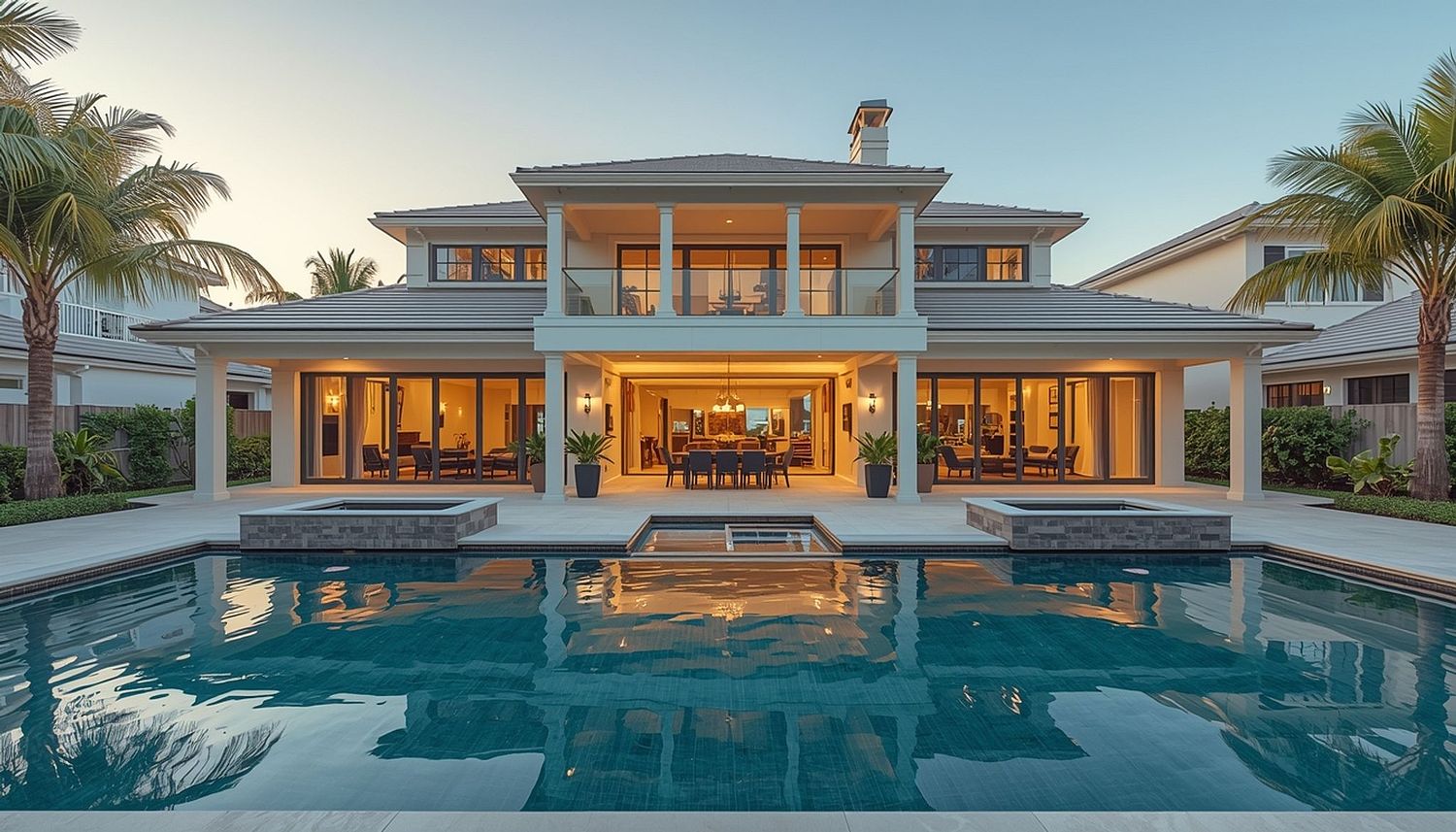 Illuminated luxury mansion at sunset with a large pool and tropical landscaping.