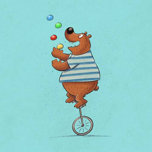Tekening van een grappige circusbeer die ballen jongleert op een éénwieler
