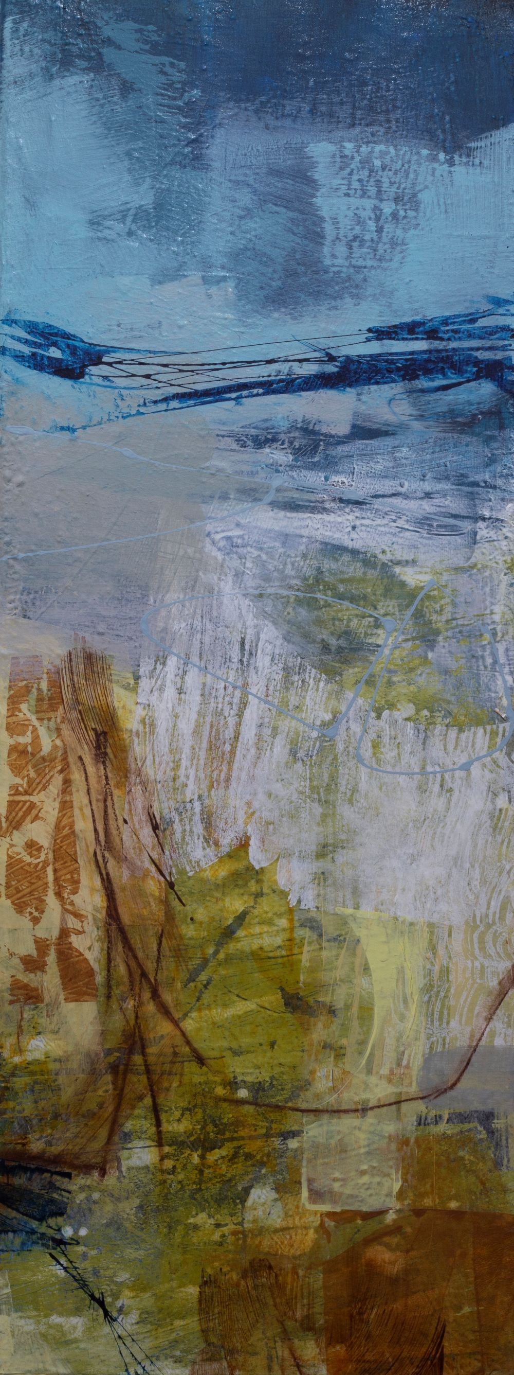 Abstract painting titled "The Call Of The Running Tide," measuring 30cm x 80cm and featuring fluid textures in ocean blue and earthy ochre as part of a three-piece triptych.