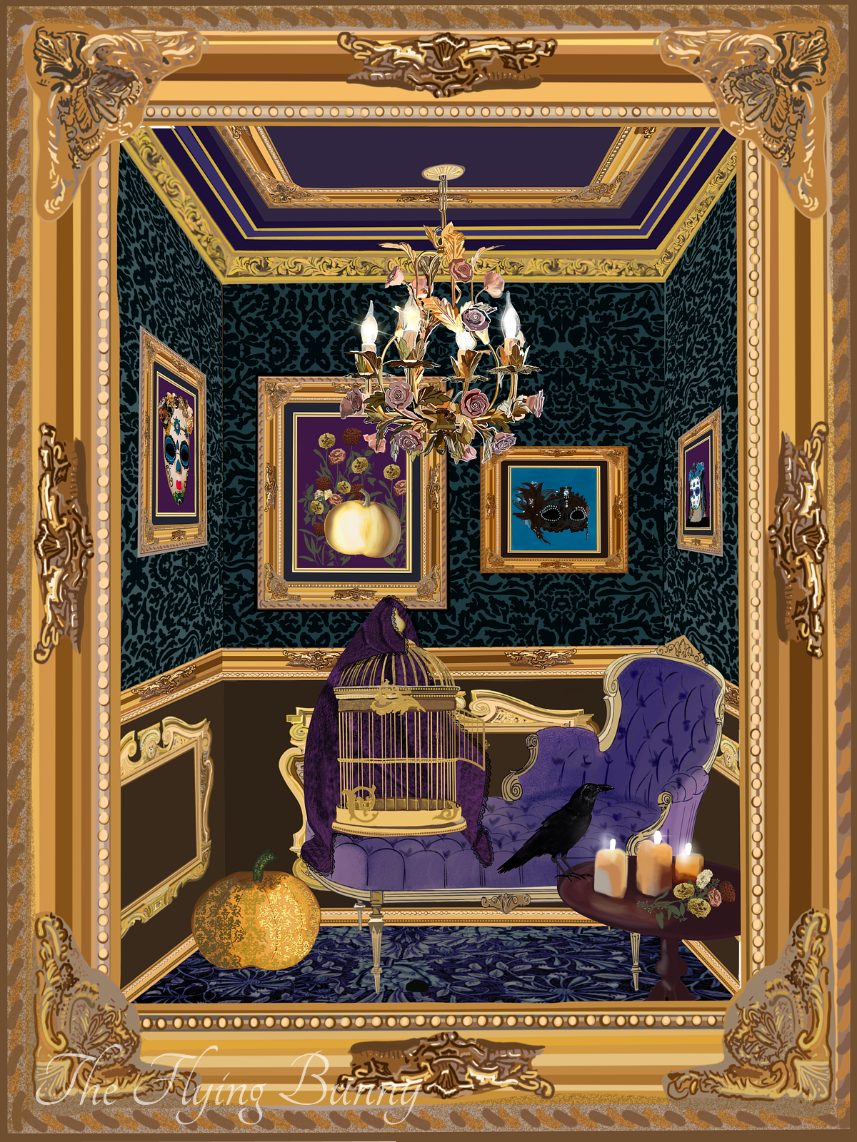 Hand-drawn ornate gold frame surrounding a richly decorated gothic interior with a chandelier, purple chaise lounge, framed artwork, and dark baroque details.