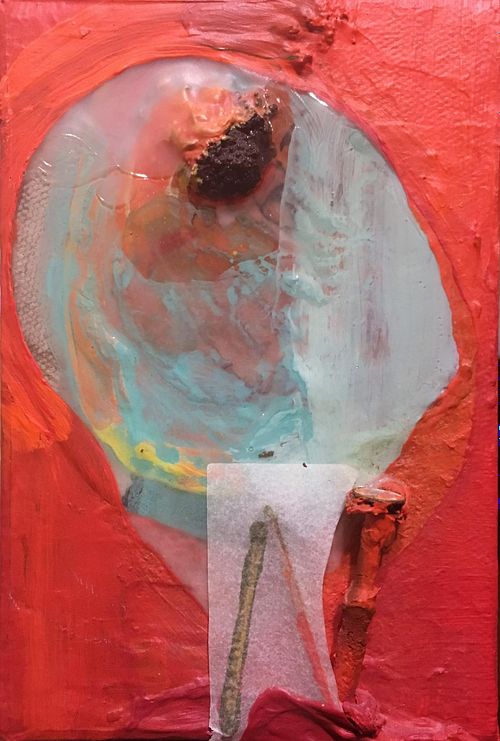 "Sticks and Stones," 2016 Acrylic, collage, matches, and a nail on canvas 6”x4”