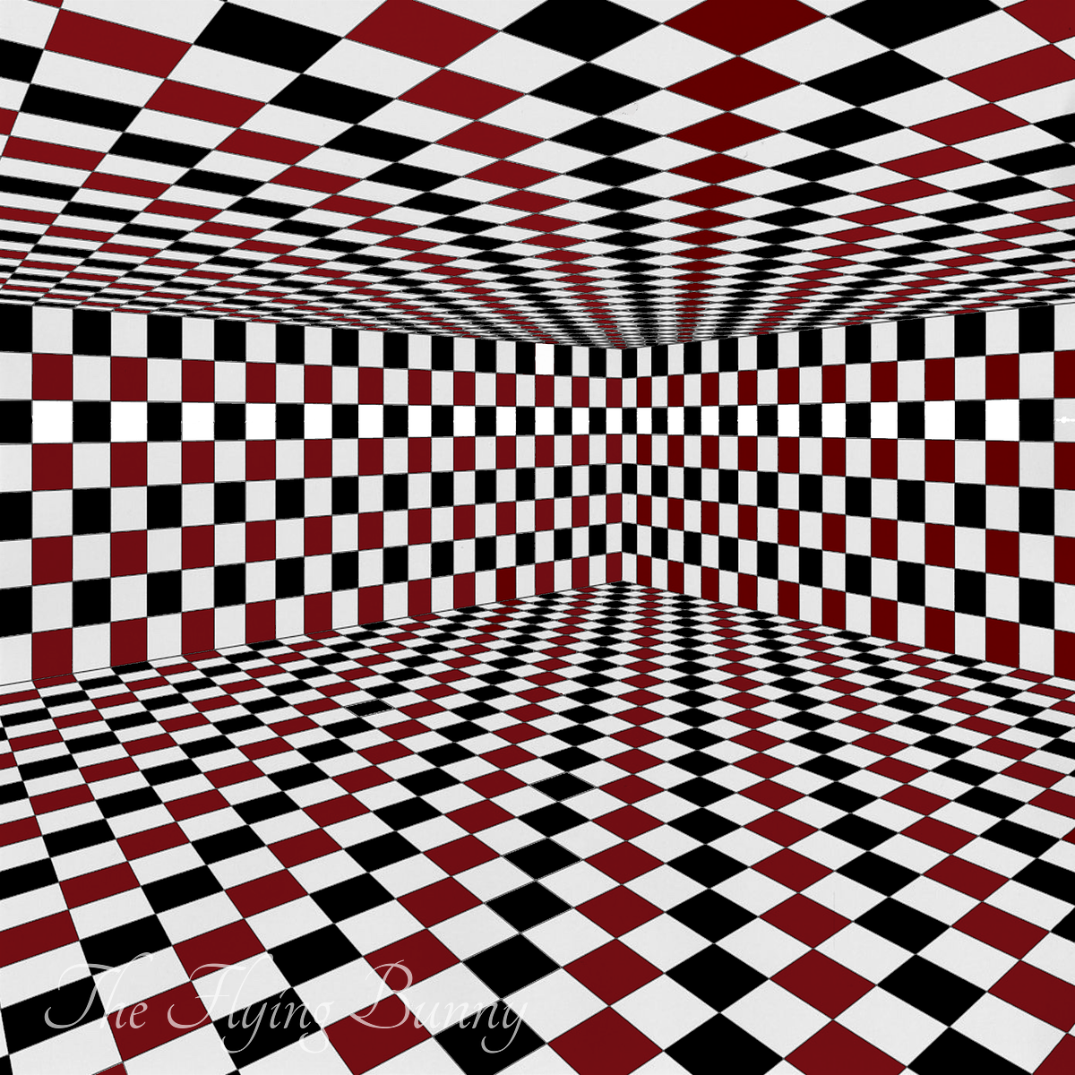 Red, black, and white checkerboard walls and floor create a dramatic optical illusion room with strong linear perspective and a central vanishing point.