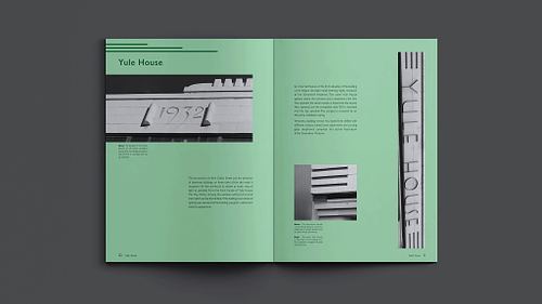 Double-page spread of the publication showing written content, black-and-white photographs, and captions about Yule House arranged in a modular layout on a light green background.