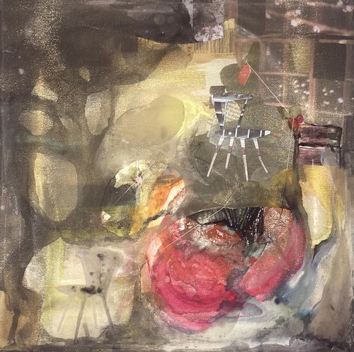 "Afterimage," 2016, Acrylic, watercolor, uv paint, collage, graphite, matches, rust, and thread on canvas and organza, 12"x12"