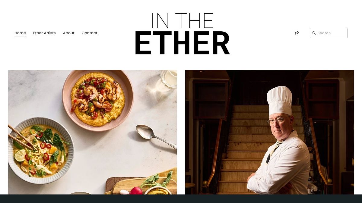 In the Ether's magazine-style blog design with an oversized serif masthead and two-column grid