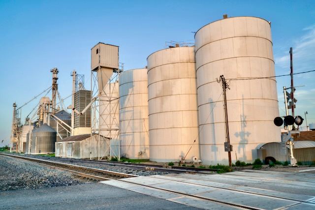 Railroad and grain elevators in rural Nebraska