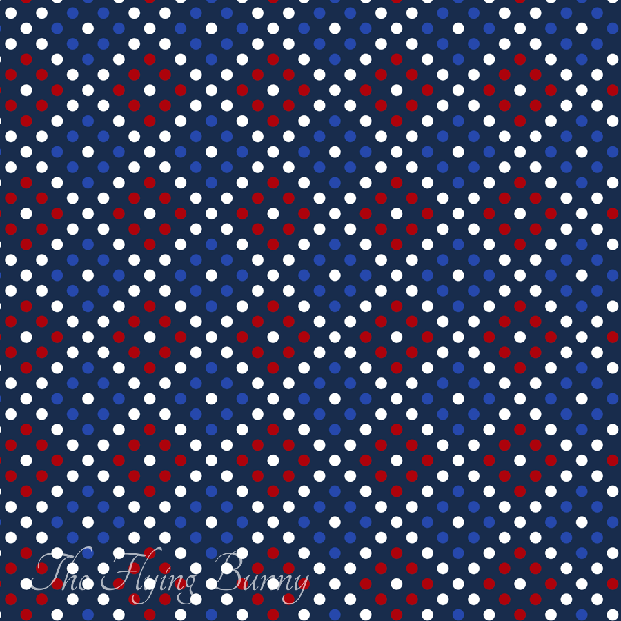 Tiny red, white, and blue polka dots arranged in repeating diamond shapes on a deep navy background.