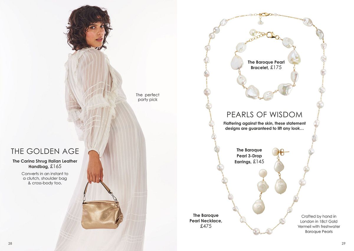 catalogue spread showing woman wearing white dress and carrying gold handbag, alongside pearl jewellery