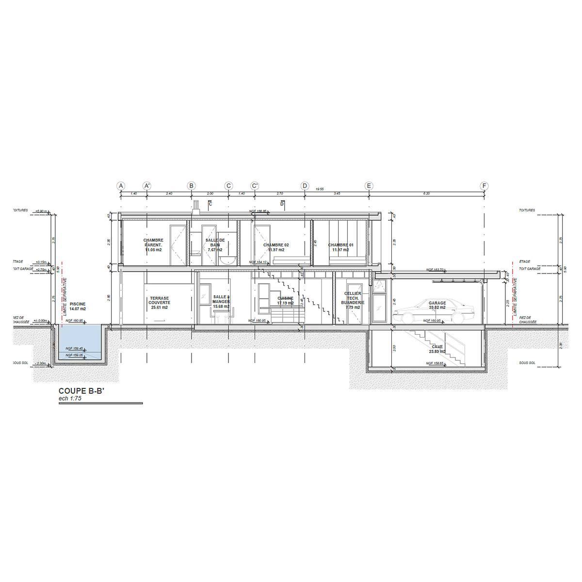 corte arquitectura casa dos niveles vivienda prefabricada Francia seccion