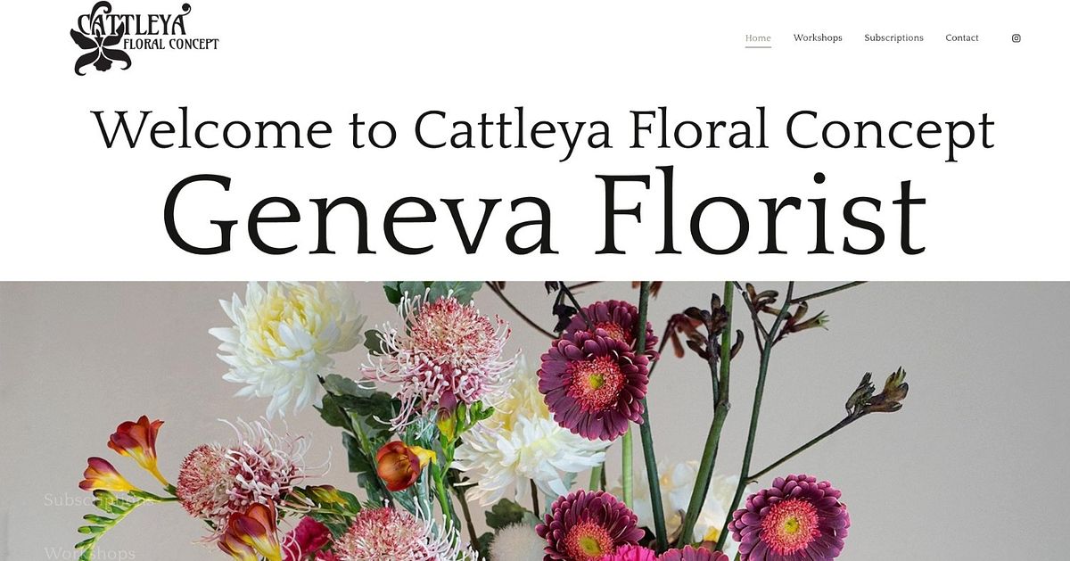 Cattleya Floral Concept homepage with oversized serif Geneva Florist text above a close-up arrangement