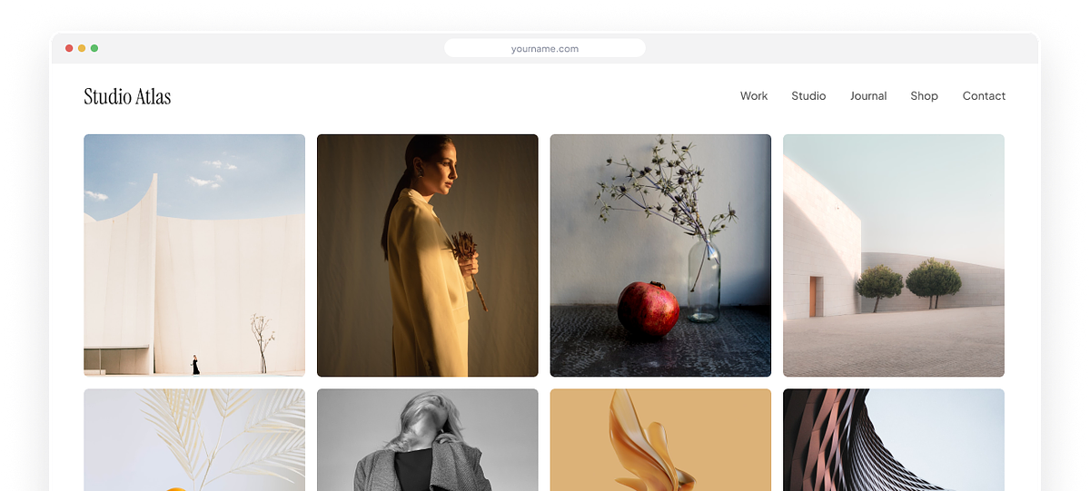 Pixpa portfolio website builder &mdash; desktop editor preview