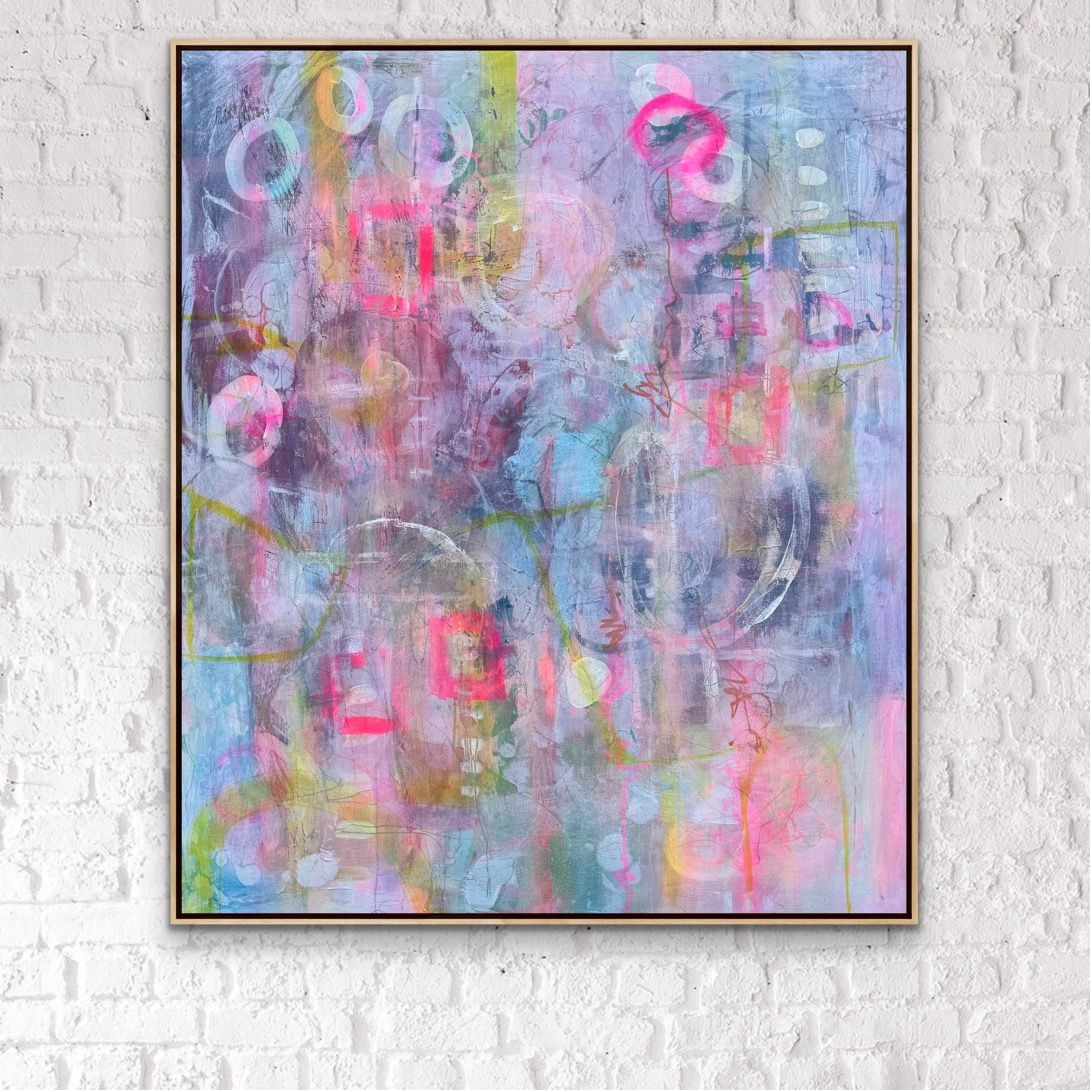 Abstraktes Acrylgemälde in Neonpink, Gelbgrün und Lavendel mit schwebenden Kreisen und Rechtecken, inspiriert von der Hippiebewegung, Friedenshoffnung, 120×100 cm,Sylvie Gasser, Abstract acrylic painting in neon pink, acid yellow and lavender with floating circles and rectangles, inspired by the hippie movement and the hope for peace, 120×100 cm