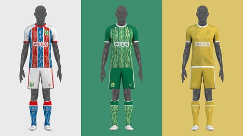 Front view of Rapid Wien home, away, and third full kit concepts displayed side by side on mannequins.